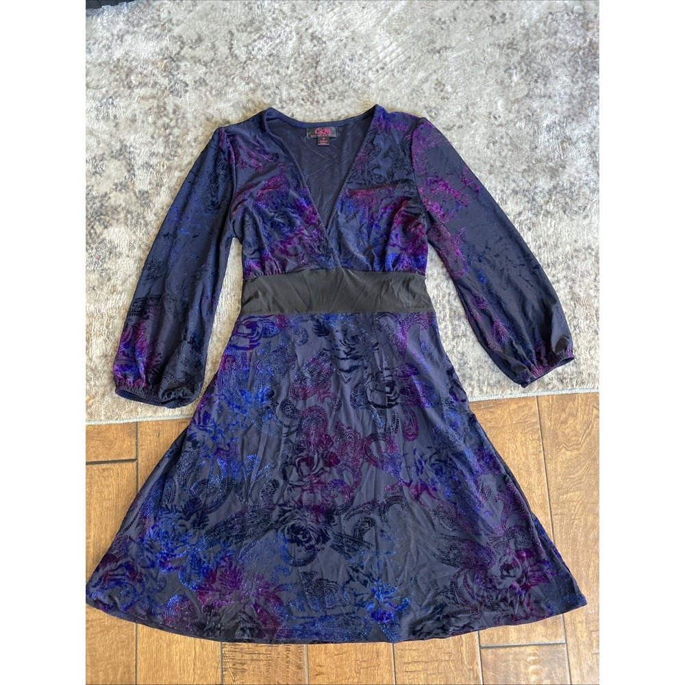 Y2K CKM black Blue Purple Crushed Velvet dress. Size Medium Goth‎ Grunge